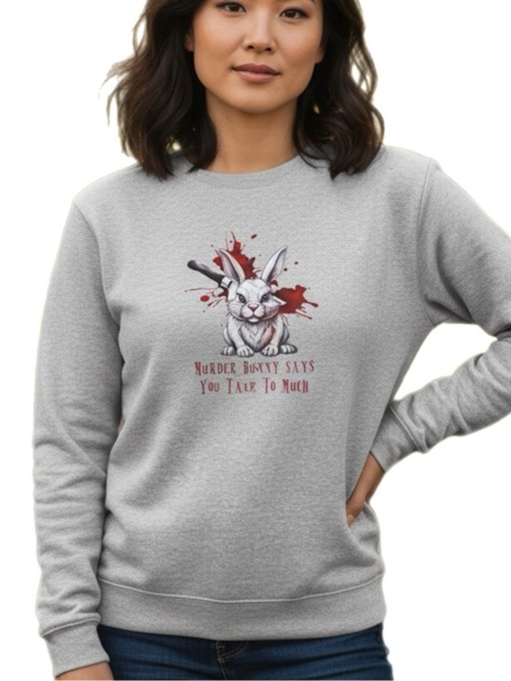 Murder Bunny Says Series Heather Gray & Red Graphic Tree Long Sleeve Sweatshirt